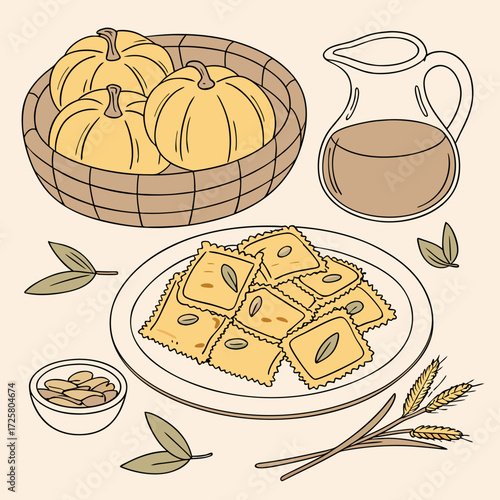 Pumpkin Ravioli Vector: Elegant Italian Pasta Illustration with Sage & Pine Nuts