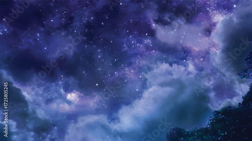 A stunning night sky filled with stars and a hint of purple hues, surrounded by soft clouds