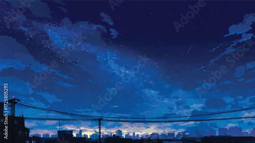 A serene night sky filled with stars and a visible milky way, city skyline in silhouette, power lines in the foreground, tranquil atmosphere