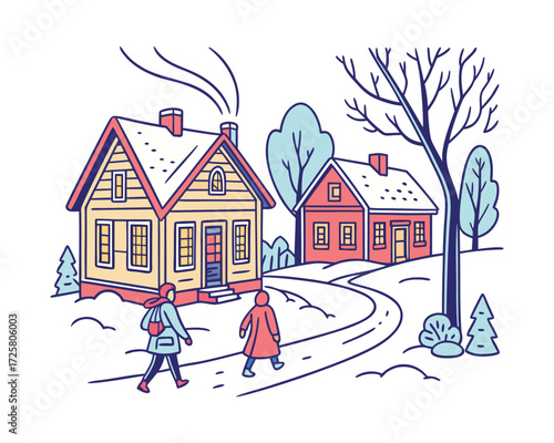 “Peaceful Snowfall Village Nestled Amidst Frosty Mountain Peaks”