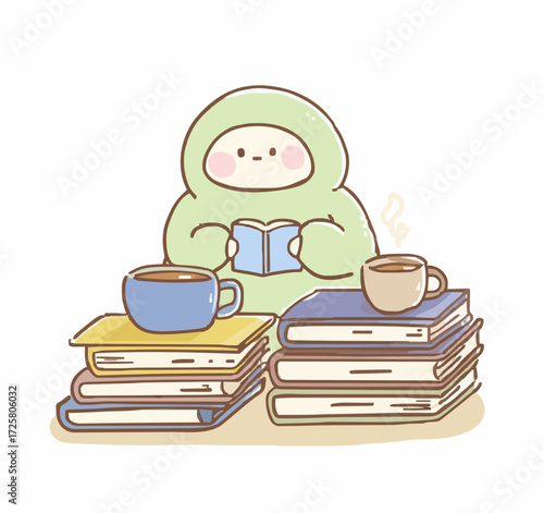 Reading Nook Illustration: A charming illustration depicting a cozy reading nook scene, featuring a cartoon person absorbed in a book, with coffee cups and stacks of books.