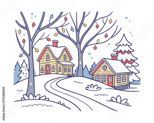 “Peaceful Snowfall Village Nestled Amidst Frosty Mountain Peaks”