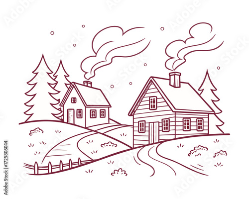 “Peaceful Snowfall Village Nestled Amidst Frosty Mountain Peaks”