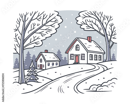 “Peaceful Snowfall Village Nestled Amidst Frosty Mountain Peaks”