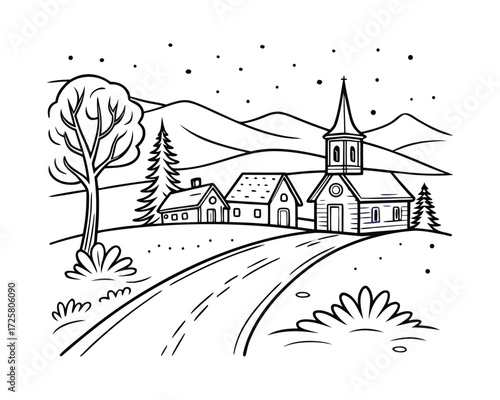 “Peaceful Snowfall Village Nestled Amidst Frosty Mountain Peaks”
