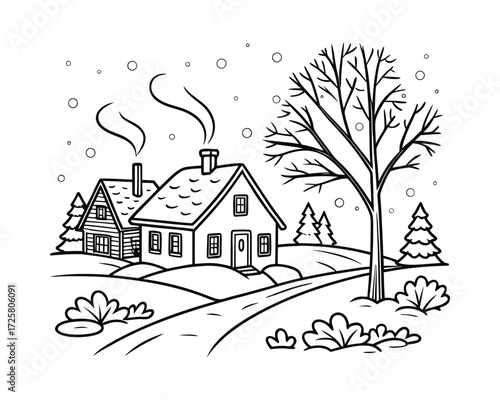“Peaceful Snowfall Village Nestled Amidst Frosty Mountain Peaks”