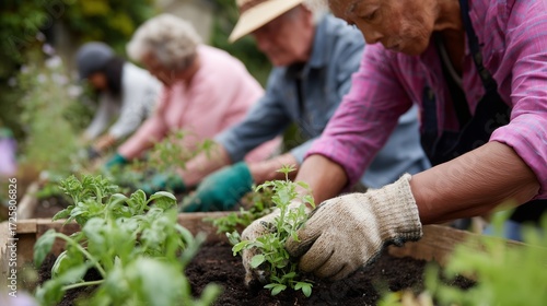 Fototapeta Naklejka Na Ścianę i Meble -  Community members work together to plant vegetables in community garden during sunny afternoon