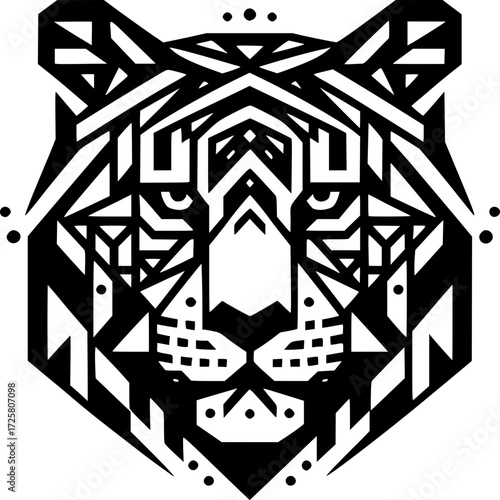 Geometric Tiger Portrait: A bold and stylized geometric tiger head, rendered in stark black and white. This striking illustration captures the essence of a fierce predator in a modern, artistic way.