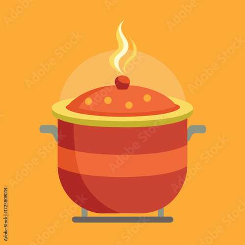 A vibrant flat illustration of a steaming red cooking pot with a lid sitting on a stove burner perfect for culinary themes