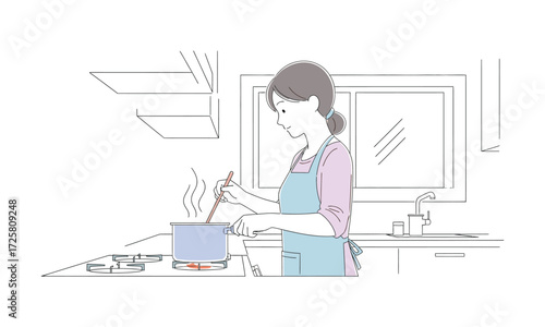 Woman stirring simmering pot on stove for a cozy home cooked meal, illustrating everyday cooking in modern kitchen, domestic bliss, simple pleasures