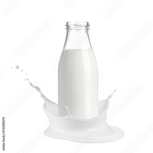A glass milk bottle is centered within a dynamic milk splash against a black background.