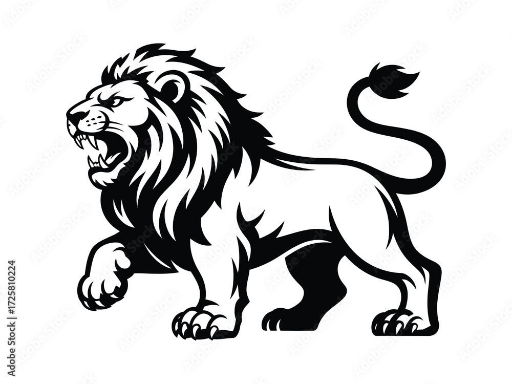 Fototapeta premium Powerful lion head silhouette with open mouth, black vector illustration for branding or emblems