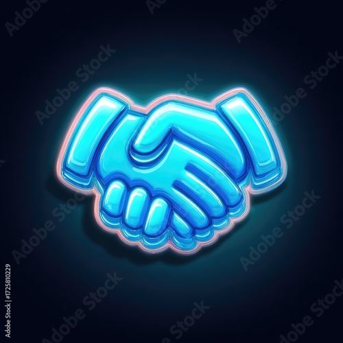 Vibrant, stylized illustration of two hands clasped in a neon-blue handshake against a dark background.