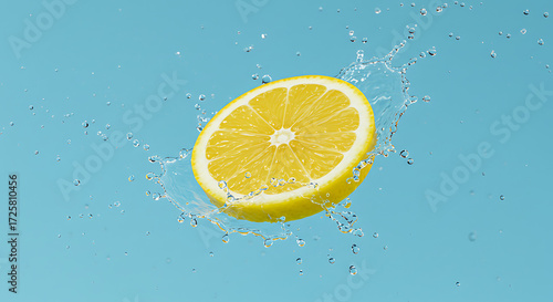 A floating lemon slice surrounded by splashes of water, captured on a clean light blue background