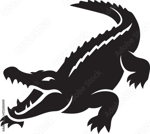 Aggressive alligator silhouette with open mouth, Fierce crocodile illustration black vector