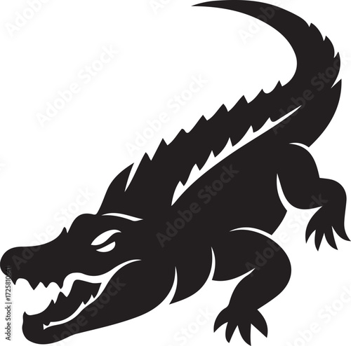 Leaning alligator silhouette with jagged back, Black reptile illustration vector design
