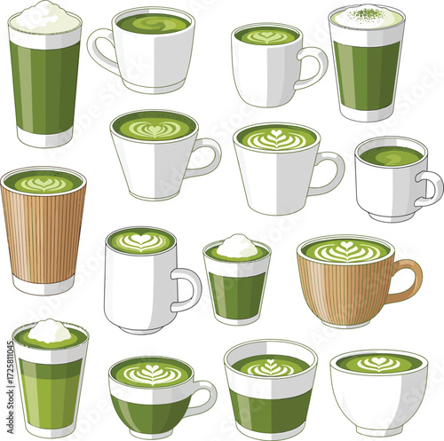 vector, illustration, collection of matcha latte in cups, Japanese drink, icon, poster