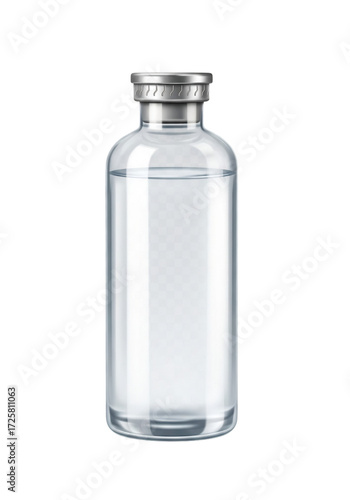 Clear liquid in a glass bottle with cap