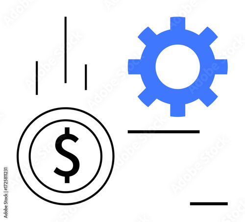 Dollar coin and blue gear with minimal lines symbolize financial management, workflow automation, economic strategy, business process, cost control, technology, and innovation. Simple flat metaphor
