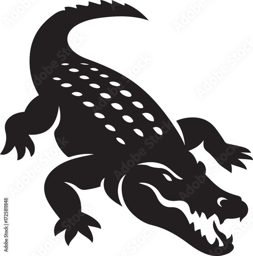 Alligator silhouette with open mouth and spots, Black reptile vector illustration design