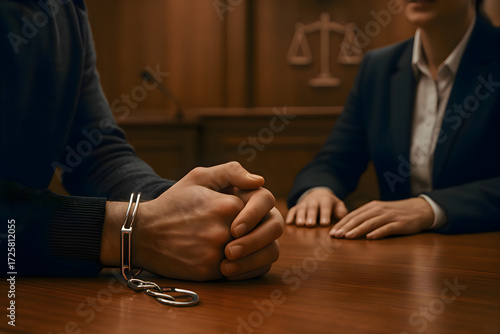Defendant in court, handcuffed, awaiting trial, seated at the defense table with hands clasped together.