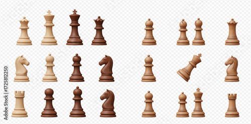 Chess pieces, including kings, queens, rooks, knights, bishops, and pawns, arranged in two groups.