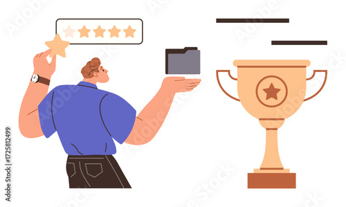 Person holding a star and file with a rating bar above, golden trophy nearby. Ideal for success, leadership, evaluation, motivation, teamwork, achievement personal growth. Simple flat metaphor