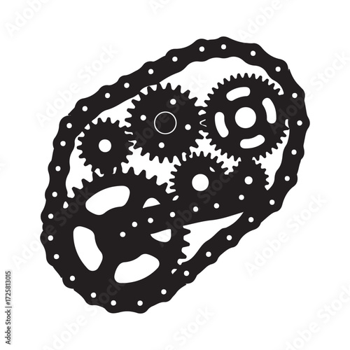 Flat Vector Gear System and Chain Silhouette on White Background