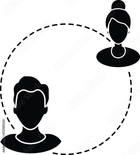 Social connection icon showing dotted circle linking two people, community relationship, link network and interaction design with transparent background