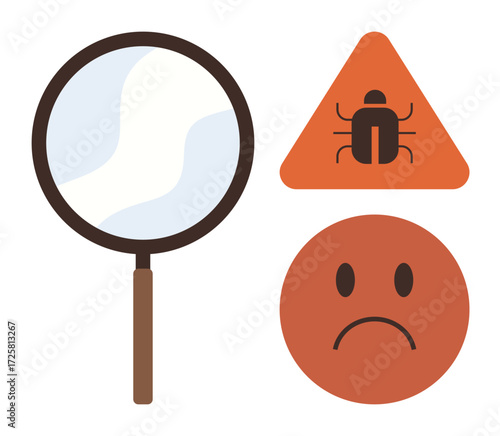 Magnifying glass analyzing bug within a caution sign and sad face expressing error or issues. Ideal for debugging, troubleshooting, error detection, quality control, analysis, warning, software