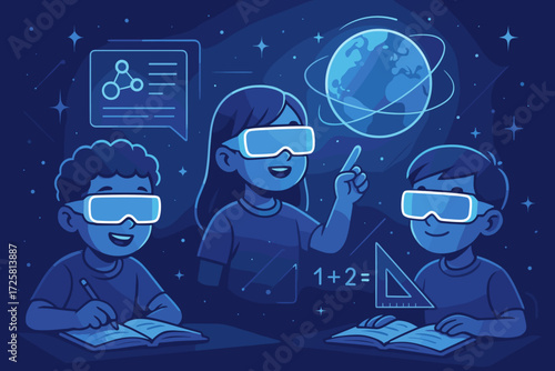 Kids wearing VR glasses engaged in science and math learning, exploring the universe with curiosity and excitement