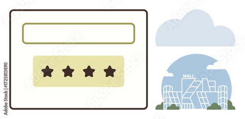 Star rating box with four dark stars below a text input field, set beside a stylish mall building. Ideal for reviews, shopping, feedback, rating systems, customer engagement, consumer behavior