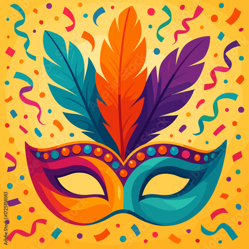 Colorful carnival mask with vibrant feathers and confetti on a bright background