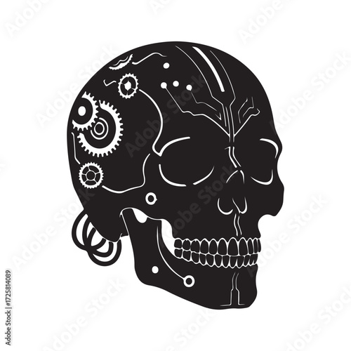 Black Vector Cybernetic Skull Profile with Gears and Circuitry Design