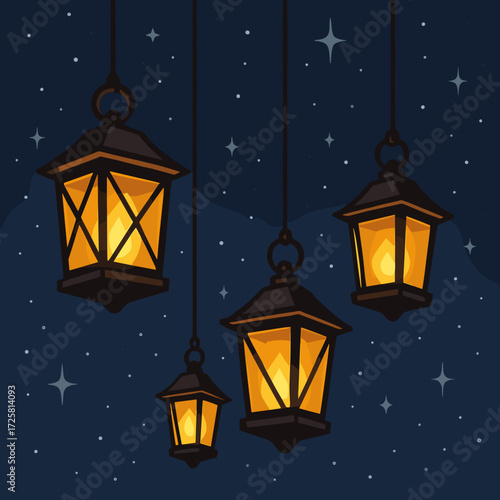Hanging lanterns, warm ambiance, glowing softly, against a starry night background