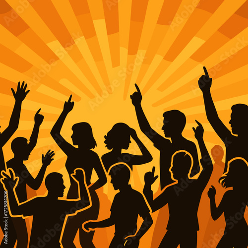Silhouettes of people, energetic, dancing in celebration, with bright orange background