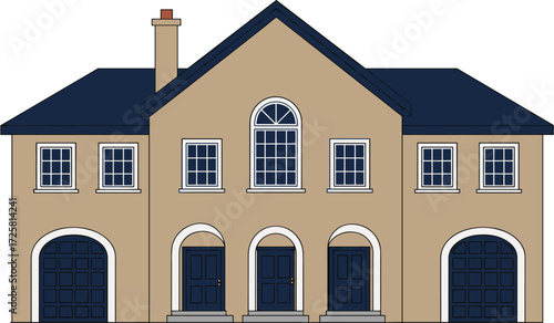 Elegant suburban house illustration with garage, modern two-story residential architecture, luxury family home vector design graphic