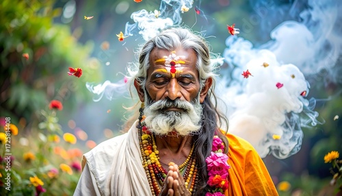 Elderly man, serene, prayerful pose