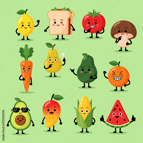 Animated Food Characters Smiling Lemon Sandwich Tomato Mushroom Pear Avocado and More.