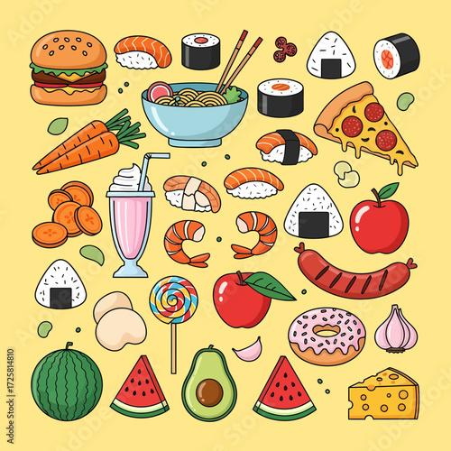 Cartoon Food Assortment Burger Sushi Ramen Pizza Fruits and Sweets.