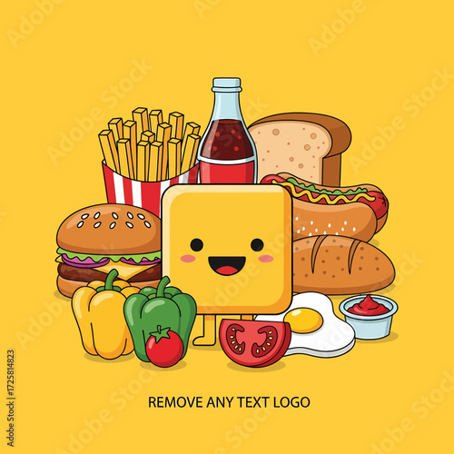 Cartoon Food Assortment with Smiling Square Character and Various Fast Food Items.