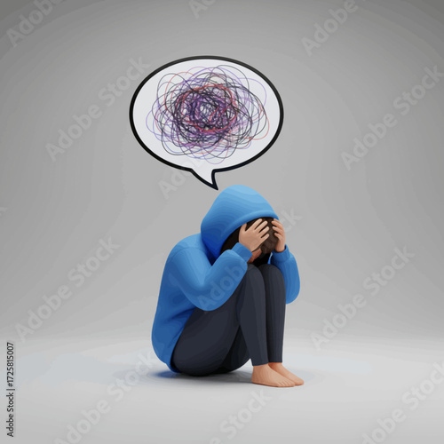 3d rendered young woman sitting hunched over on floor