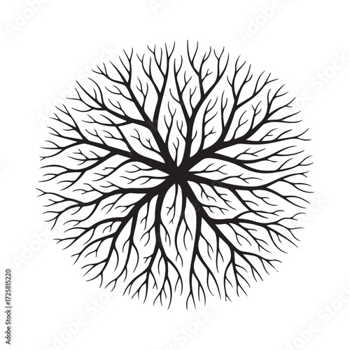 Monochrome Stylized Branching Pattern, Organic Radial Design Element