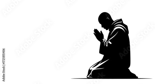 A silhouette of a man kneeling in prayer with hands clasped together against a white background space