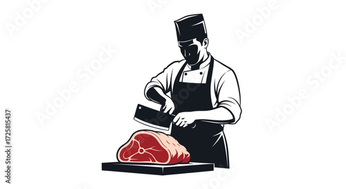 A chef in uniform cutting a large piece of raw meat with a cleaver on a wooden cutting board vector
