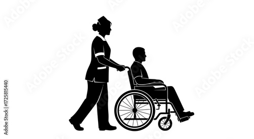 A silhouette illustration of a nurse pushing a patient in a wheelchair on a white background art