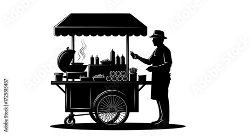 A black and white illustration of a hot dog vendor with a cart and a man wearing a hat silhouette