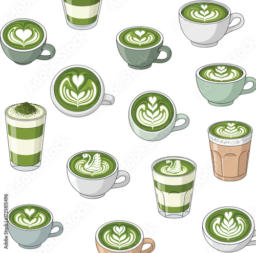 vector, illustration, collection of matcha latte in cups, Japanese drink, icon, poster