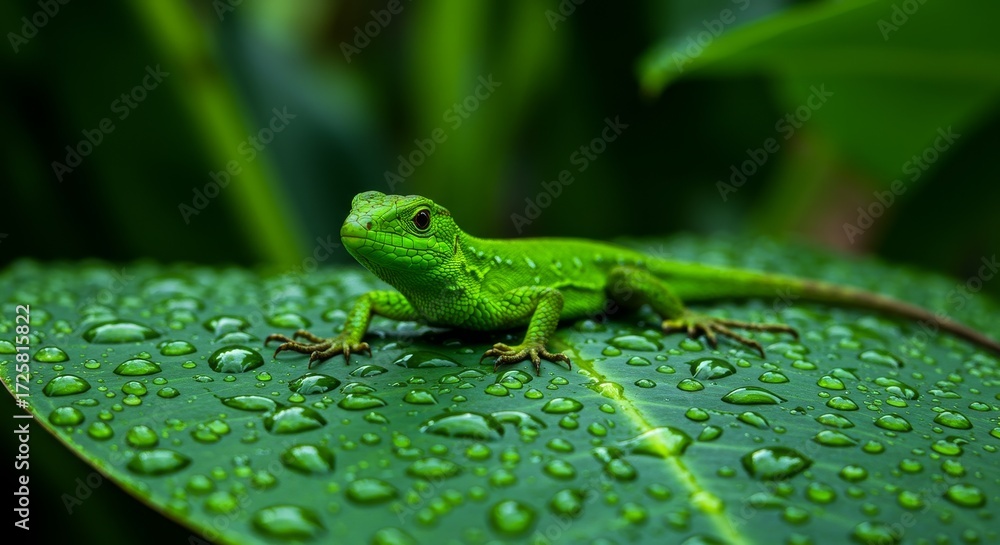 Fototapeta premium Green Lizard on Dew-Kissed Leaf - A vibrant green lizard rests on a lush leaf, glistening with morning dew. Nature, wildlife, reptile, freshness, serenity