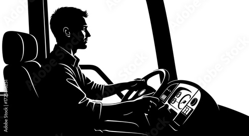 Bus driver in silhouette operating vehicle